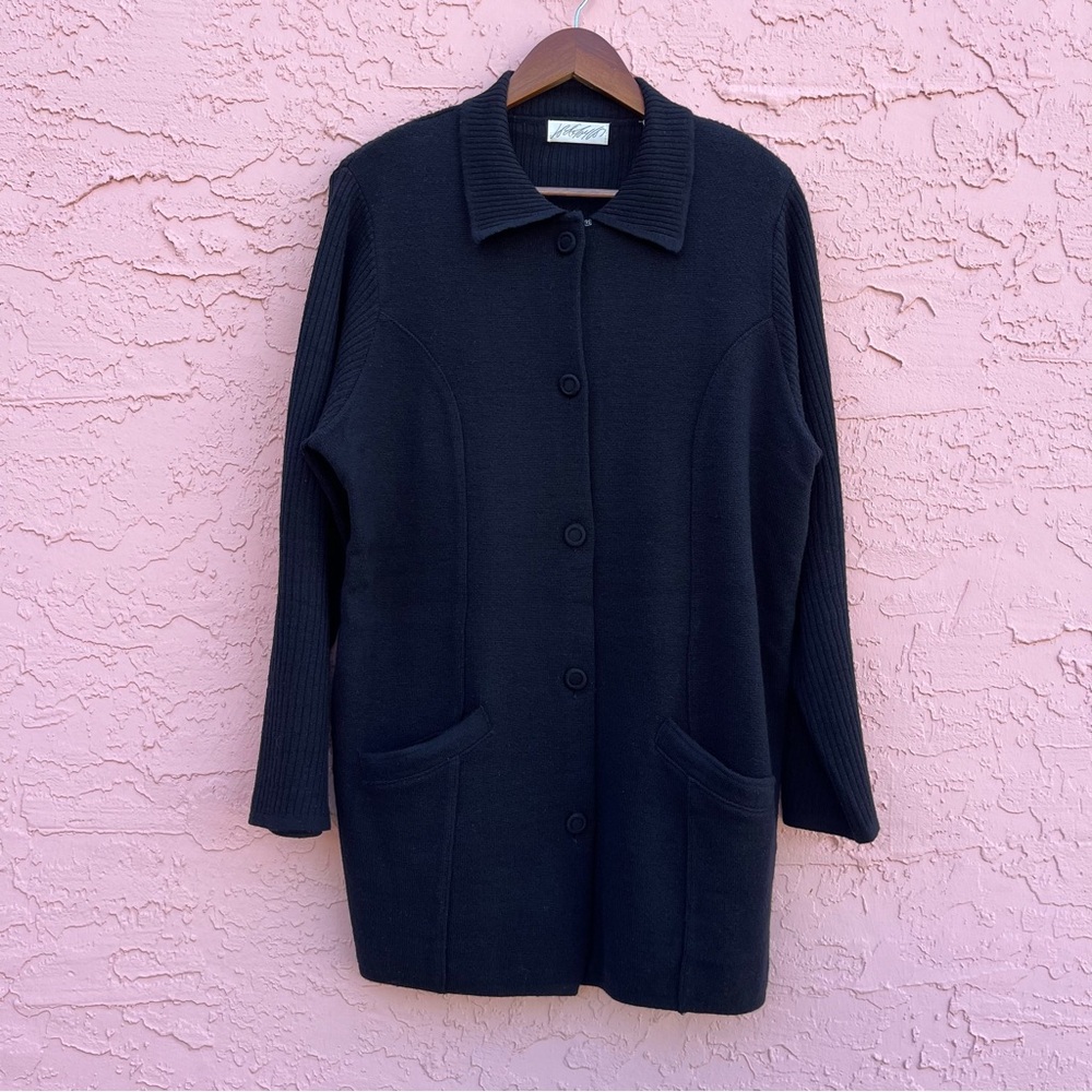 Vintage Lord & Taylor Black Merino Wool Sweater Cardigan Jacket Size Large